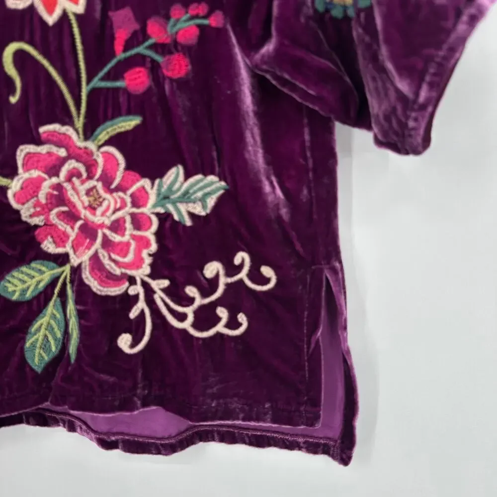 Johnny Was Nikkola Velvet Blousee Embroidered Floral Bird Boho Flowy Top Purple